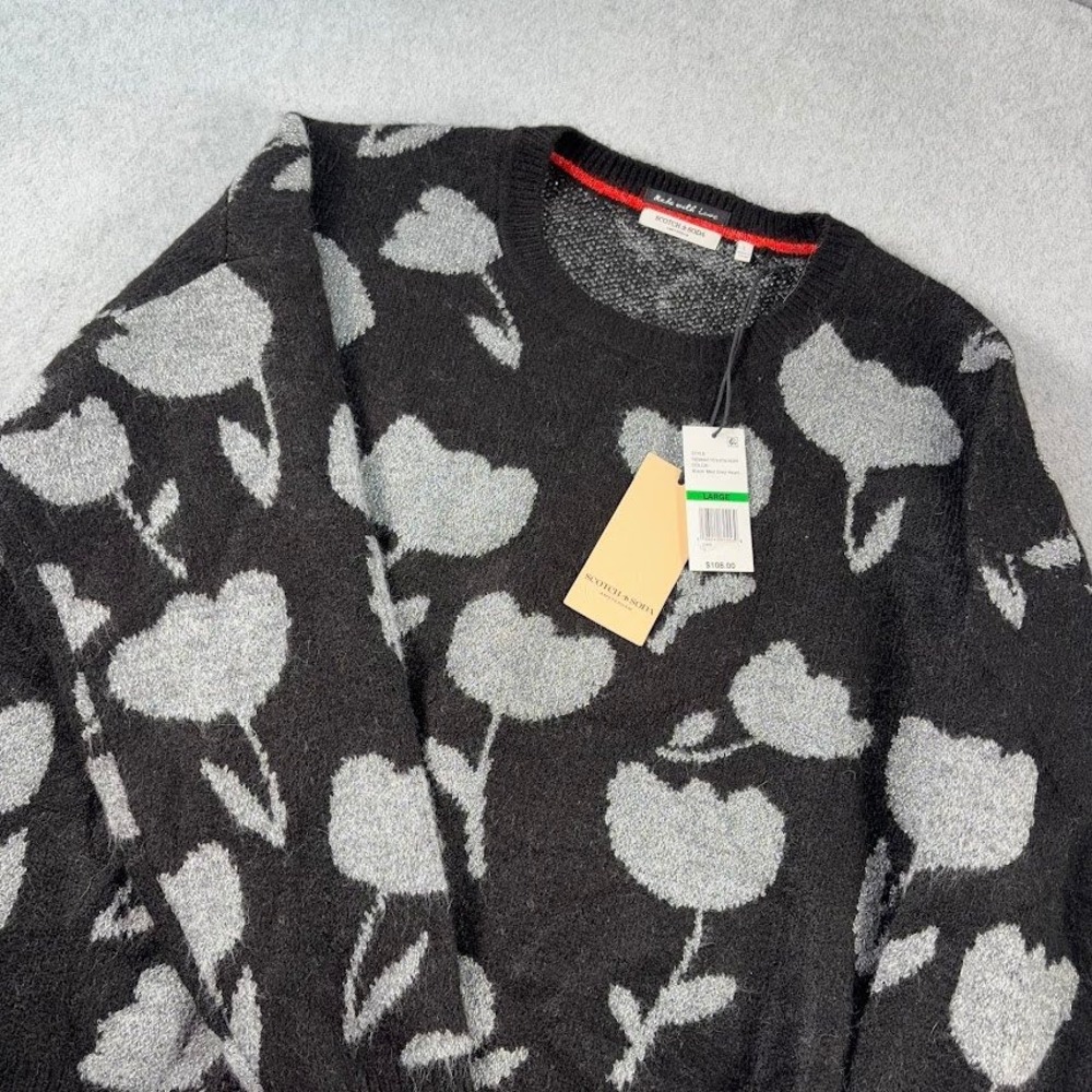 Scotch & Soda Floral Crewneck Sweater womens L Black Grey NWT Fuzzy Red Trim